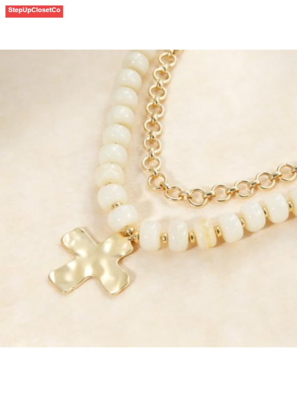 Gold Plated Chunky Beaded Cross Layered Necklace Adjustable Lobster Clasp - Picture 2 of 6
